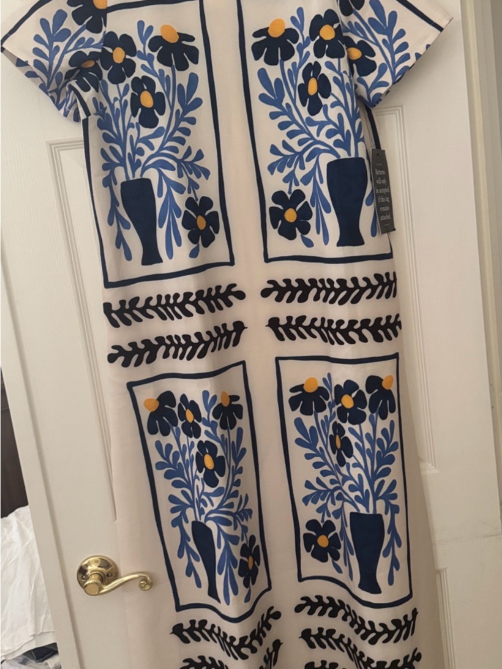 Tuckernuck NWT Cream Maxi Dress with Blue Floral Panels and Black Trim - Picture 2 of 7